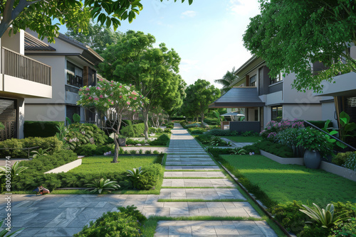 Luxurious Duplex Homes with Manicured Gardens and Pathway © Napat
