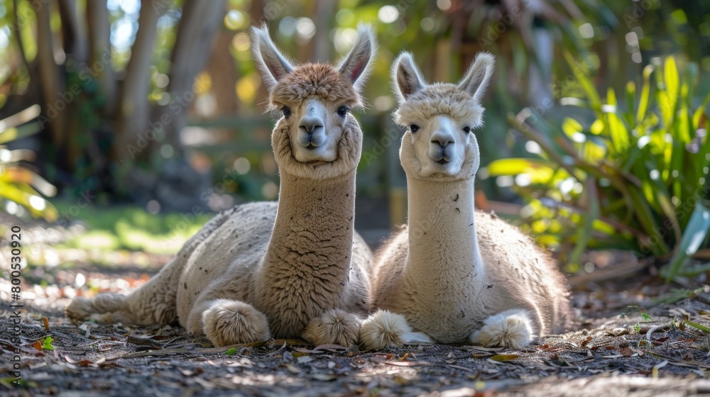 Two alpacas resting in a lush green field, looking at the camera with curious expressions. AI. Two alpacas resting in a lush green field, looking at the camera with curious expressions. AI.