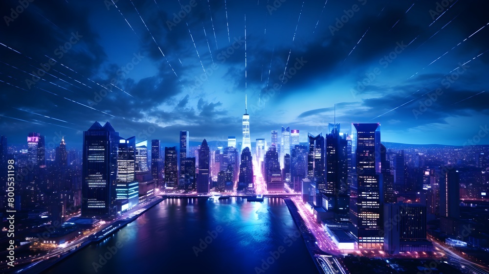  Explore the interconnected world with a captivating image showcasing digital enhancements, location pins, and a flowing blue data stream, all accentuated by highlights of a smart city, rendered in st