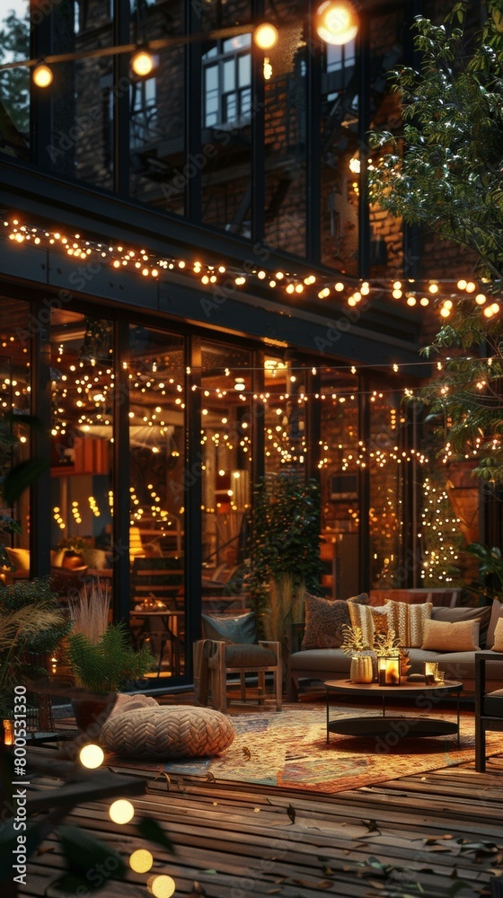 A cozy backyard patio with a seating area, coffee table, and potted plants, all lit up by string lights. AI.