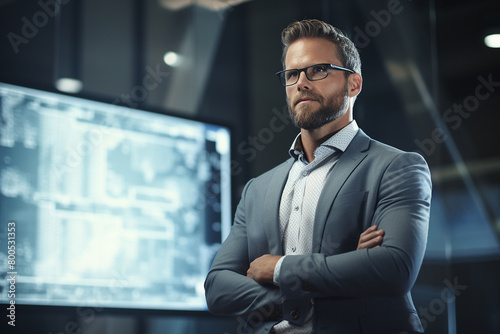A smartly dressed man standing confidently in a high-tech office environment photo