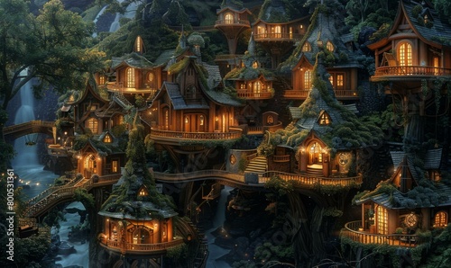 A beautiful digital painting of a treehouse village in a forest. AI.