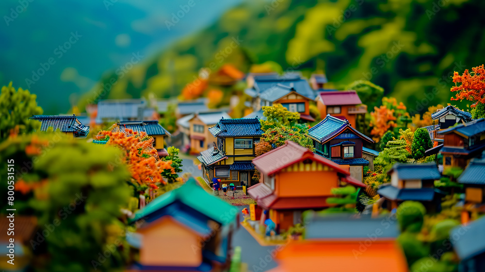 A captivating miniature town scene captured with a tilt-shift lens.