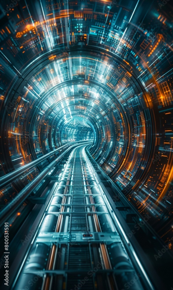 A futuristic train tunnel with glowing lights. AI. A futuristic train tunnel with glowing lights. AI.