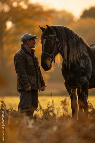 A farmer and his horse share a quiet moment together in the golden hour. AI.