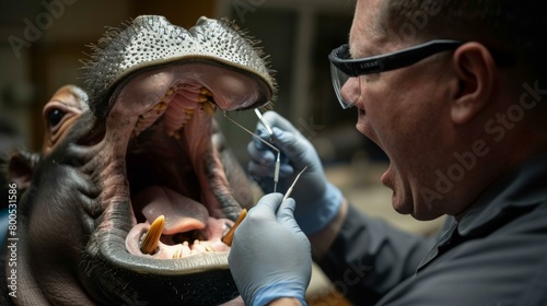Hippopotamus having its teeth checked by a dentist. AI. photo