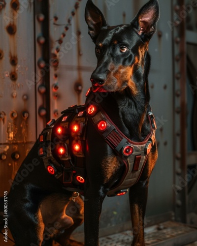 A Doberman dog wearing a tactical vest with red lights. AI. © serg3d