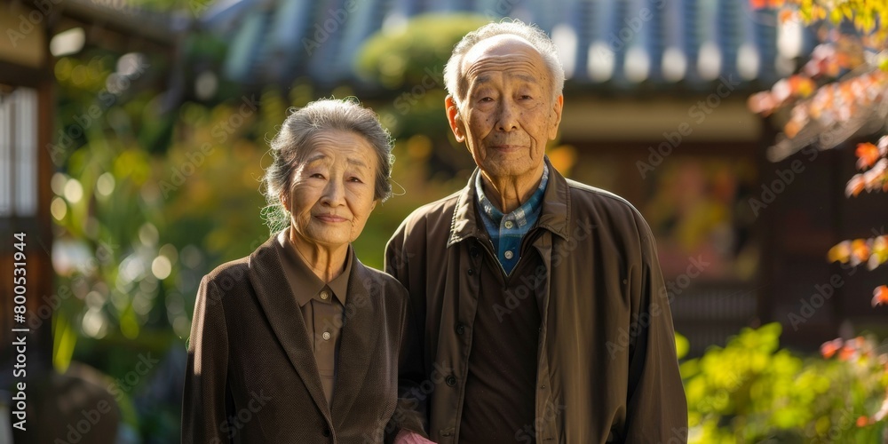 An elderly couple is standing in a garden. The man and the woman are both smiling. AI.