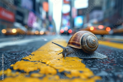 A snail is crossing a busy road. AI. photo