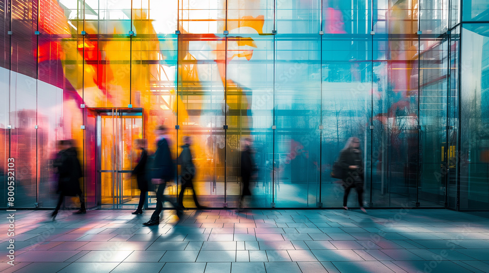 
Modern Glass Building Background: Business People Walking with Colorful Reflections and Blurred Motion Effect