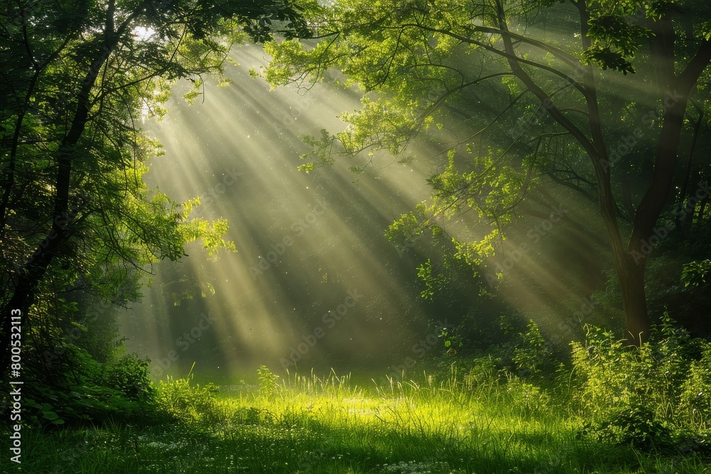 Fototapeta premium Tranquil green forest bathed in beautiful sunlight on a serene and clear summer day