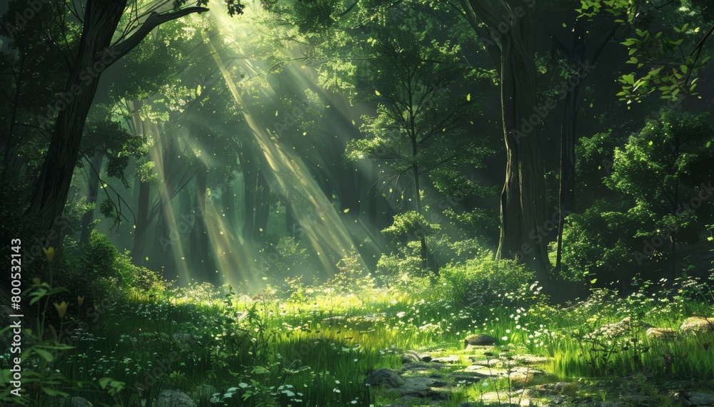 Obraz premium Natures beauty. sunlight filtering through lush green forest on a perfect sunny day