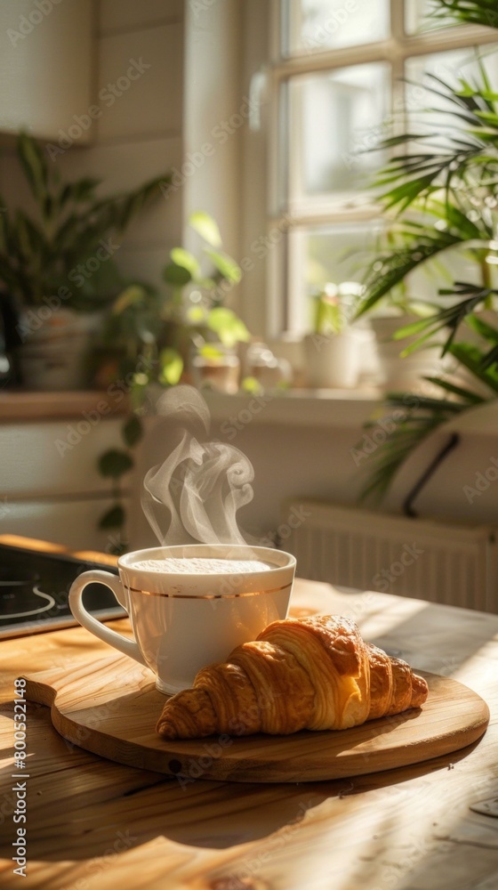 A cup of coffee and a croissant on a wooden table. AI. A cup of coffee and a croissant on a wooden table. AI.