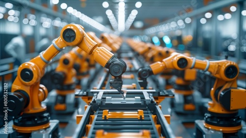 Automated production line with robotic arms assembling products. AI. © serg3d