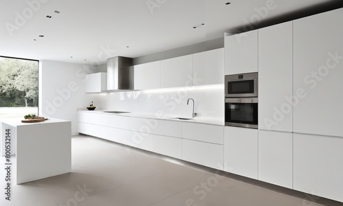 interior of new luxury house, white kitchen and dining room view