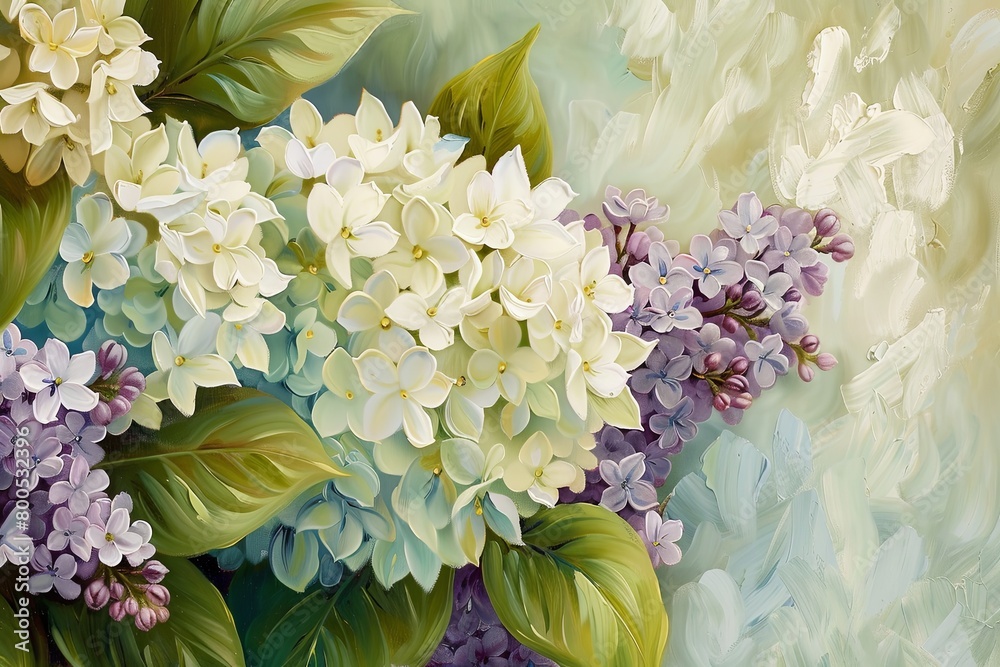 Hydrangea and Lilac: Textured Oil Canvas Art - Vertical Close-Up Decorative Wall Print Hydrangea and Lilac: Textured Oil Canvas Art - Vertical Close-Up Decorative Wall Print