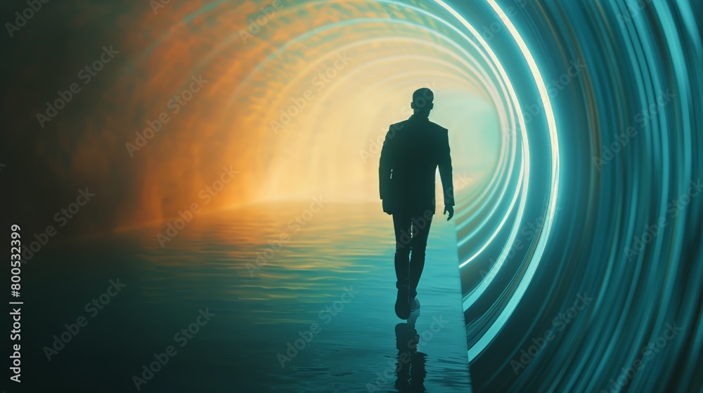Journey to Innovation: Silhouette of a Businessman Walking Through an Abstract Portal of Light 