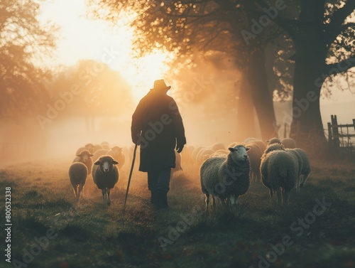A shepherd herds his flock of sheep in the misty morning light. AI.