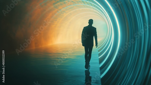 Journey to Innovation  Silhouette of a Businessman Walking Through an Abstract Portal of Light 