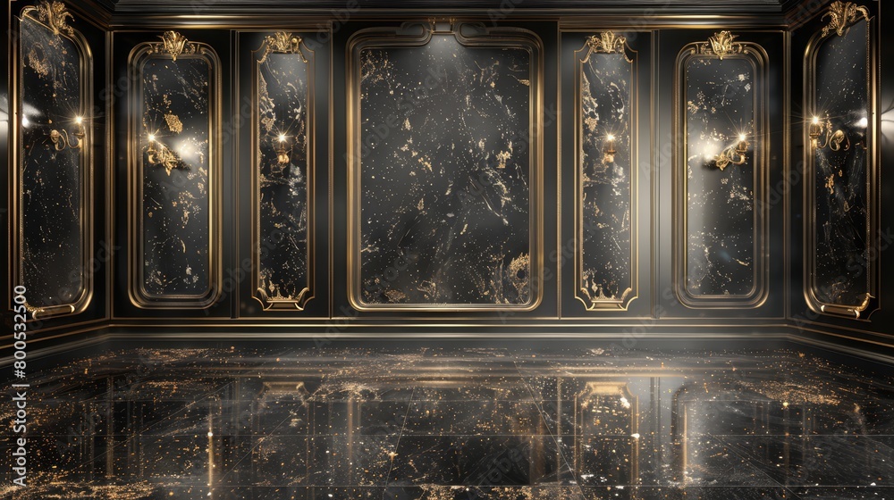 A black-and-gold room featuring numerous mirrors on the walls and a central bench A black-and-gold room featuring numerous mirrors on the walls and a central bench