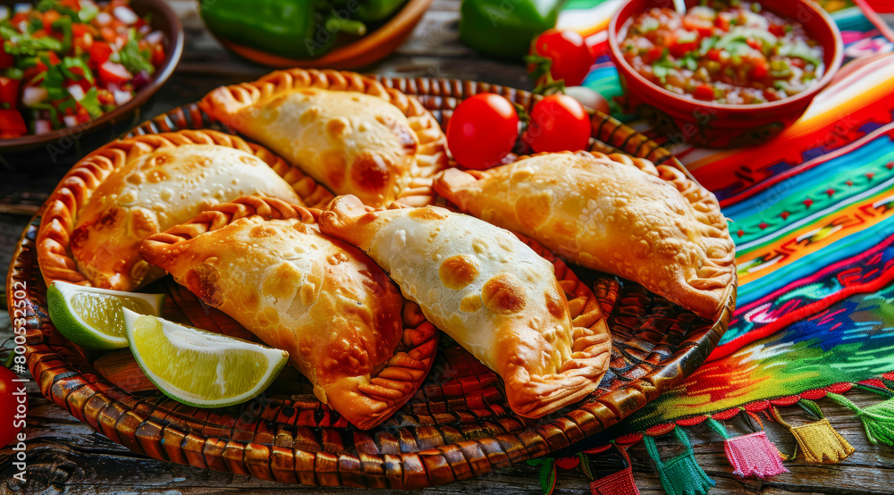 Tasty empanadas on a plate with colorful Mexican cloths as a background. National mexican food