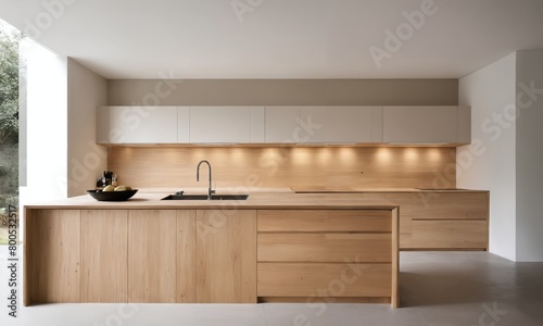 Interior of modern kitchen with white walls  concrete floor and wooden countertops. 3d rendering