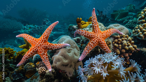 Two starfish feeding on a coral leaving white © James
