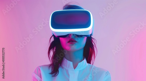 Woman wearing a VR headset with a pastel colored background, soft lighting, in a front view portrait. © Penatic Studio
