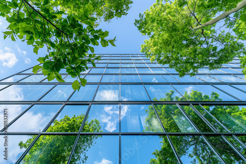 High-Rise Building with Glass Facade: Trees, Reflection, Urban, Modern