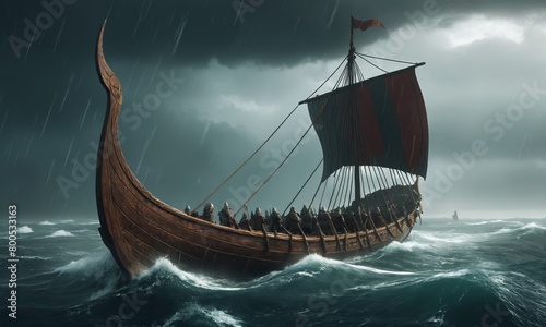 Viking ship in a stormy sea. 3D rendering illustration.