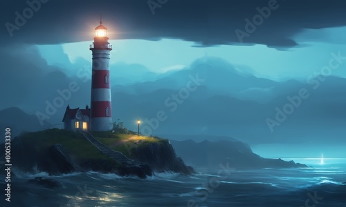 Lighthouse on the sea at night. 3d render illustration.