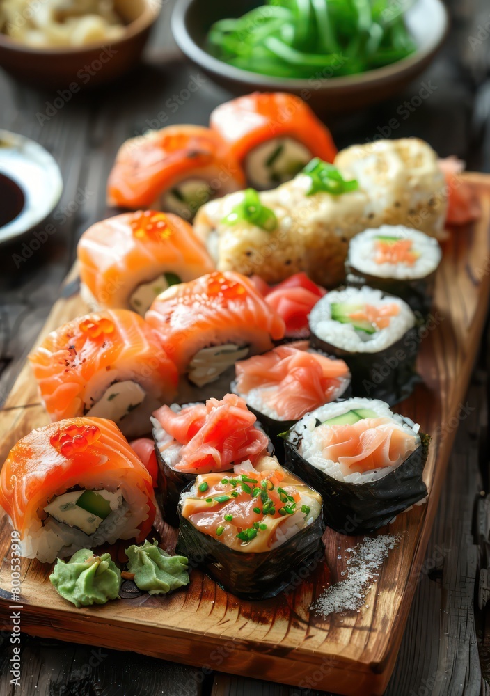 sushi rolls on a tray with ginger and wasabi, high-up professional presentation sushi rolls on a tray with ginger and wasabi, high-up professional presentation