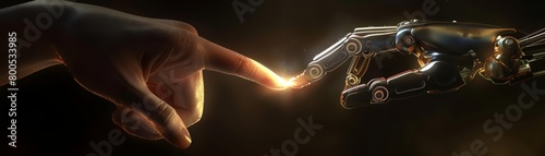 A golden robot finger touches a human finger.