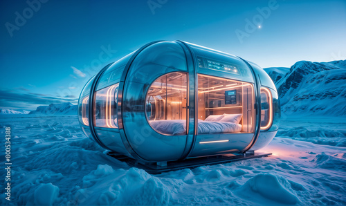 spherical glass structure with a bed inside, located on snow-covered ground with mountains in the background.