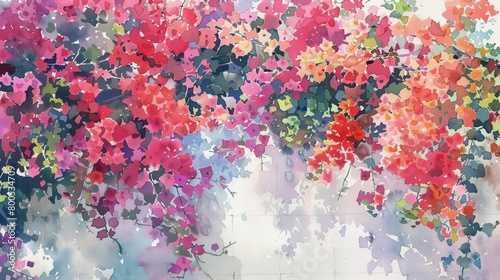 A watercolor painting of pink and orange bougainvillea flowers. photo