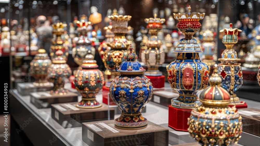 A collection of vases arranged atop a table, adjacent to one another, showcased within a glass case A collection of vases arranged atop a table, adjacent to one another, showcased within a glass case