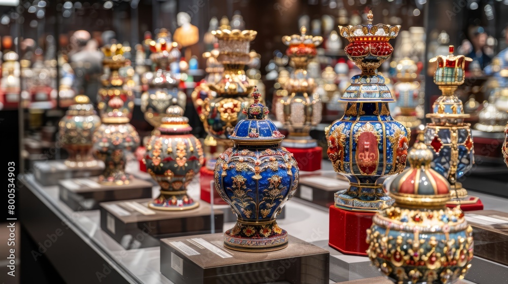   A collection of vases arranged atop a table, adjacent to one another, showcased within a glass case