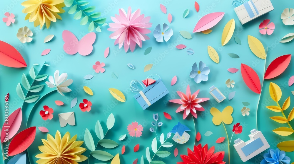 A top view of a blue table decorated with paper flowers, leaves, and origami birds.