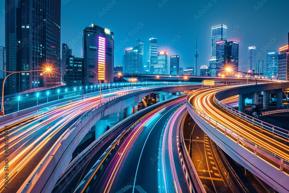 Naklejka premium High-Speed Internet City: Synchronized Data and Vehicle Motion Futurism