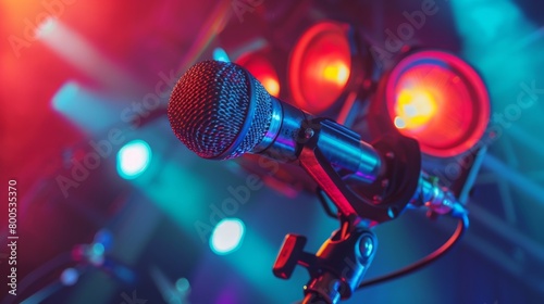 A close-up of a microphone stand adorned with colorful stage lights, ready to amplify the voice of the next musical sensation.