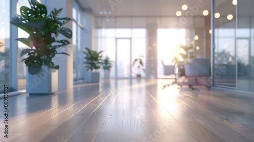 Modern Office with Beautiful blurred background. Light modern office interior with panoramic windows and beautiful lighting. High Quality Image © Polska