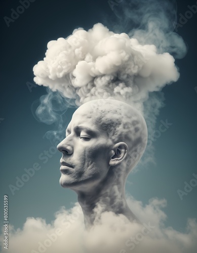 bald man with smoke coming out of his head and clouds surrounding him.