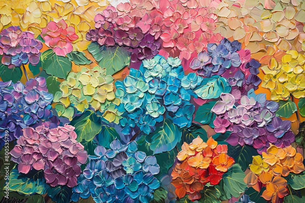 Hydrangea Flowers: Vibrant Textured Impasto Oil Painting on Canvas