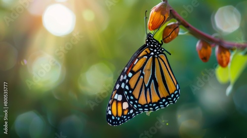 A close-up of a monarch butterfly emerging from its chrysalis, a breathtaking moment of transformation captured in vivid clarity.