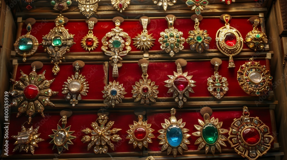 Fototapeta premium A display case brimming with various gold, green, and red necklaces and brooches