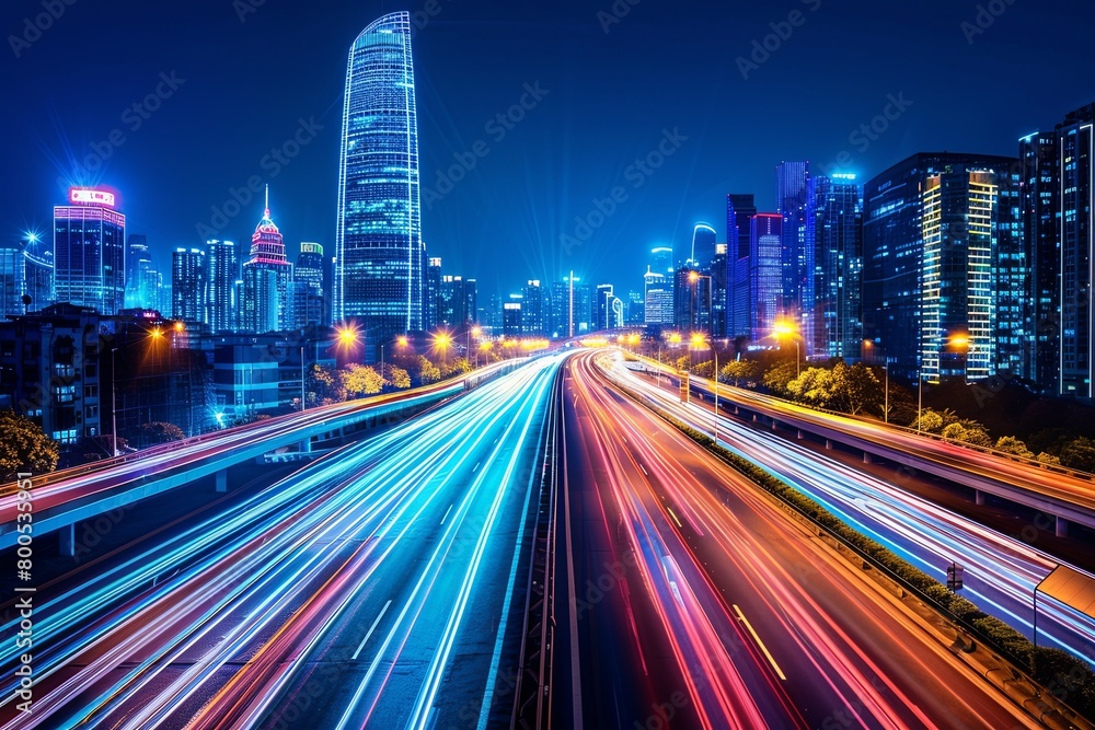 Hyper Loop Inspired 3D City Highway with Light Trails: Illuminating Business Innovation across the Futuristic Skyline