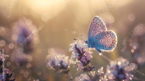 Close-Up of a Dew-Kissed Butterfly on Purple Flower at Sunrise © Ilia Nesolenyi