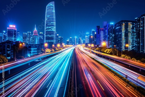 Hyper Loop Inspired 3D City Highway with Light Trails  Illuminating Business Innovation across the Futuristic Skyline