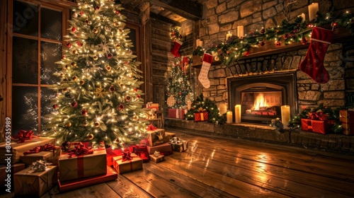 Warm Christmas Ambience with Decorated Tree and Fireplace