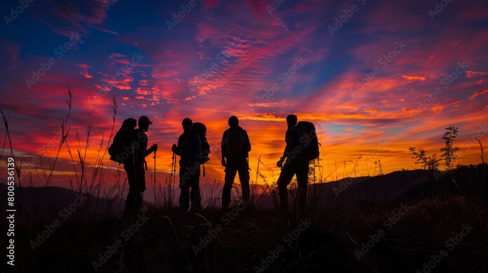 Trekking Group Journey at Sunset Silhouette